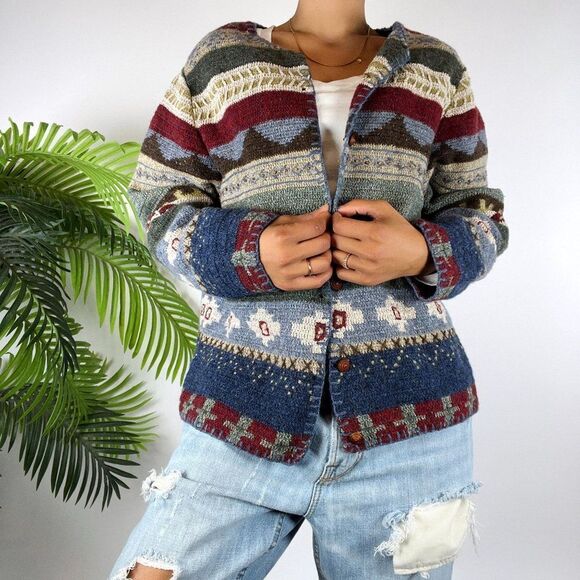 Vintage 90s Cottagecore Aztec Patchwork Western Silk Wool Cardigan Sweater / L - Picture 4 of 6
